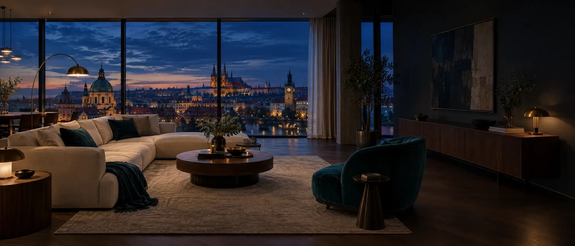 Prostorný obývací pokoj apartmánu s výhledem na večerní město