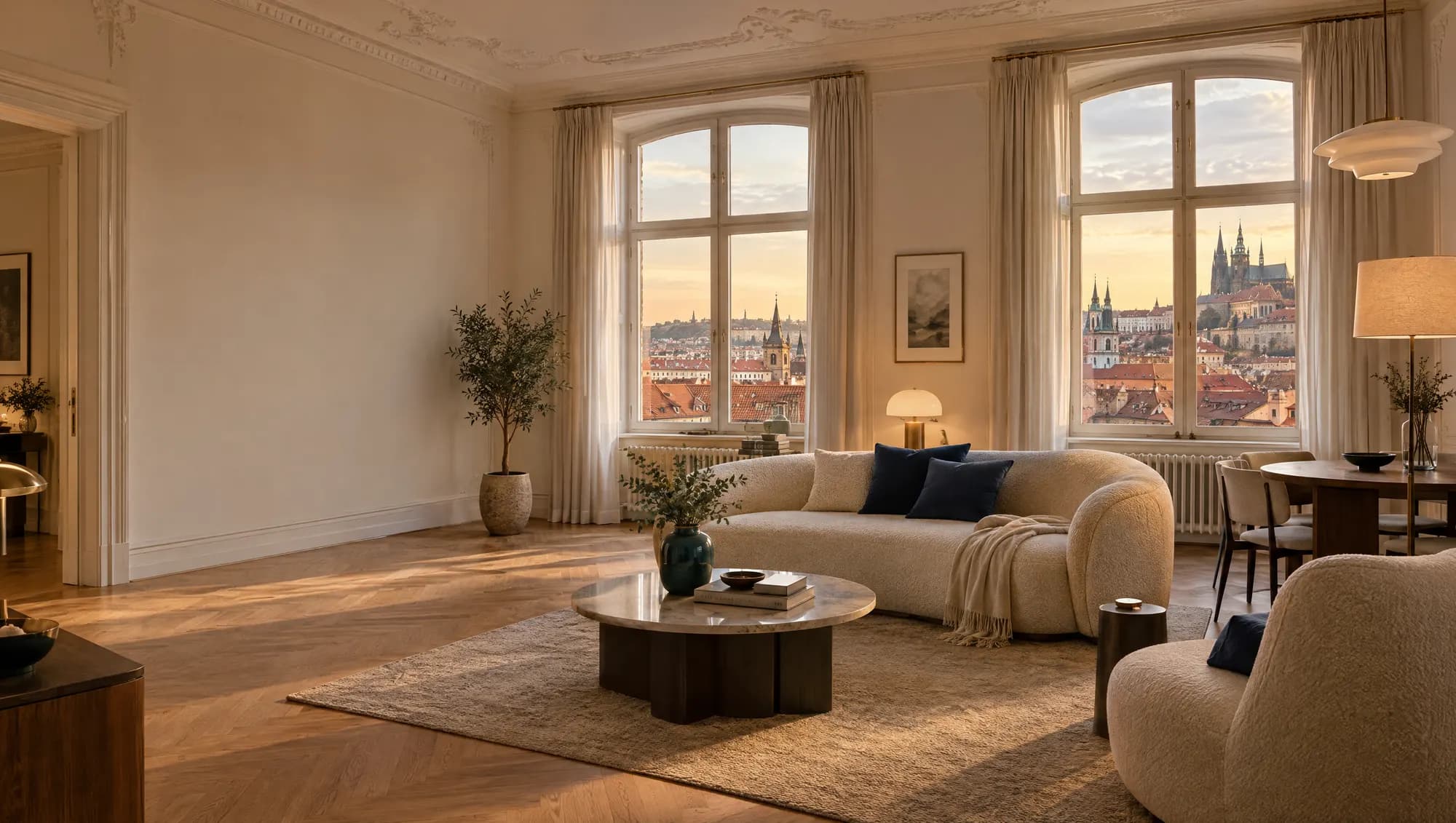 Elegantní apartmán v historickém pražském domě s výhledem na střechy Prahy