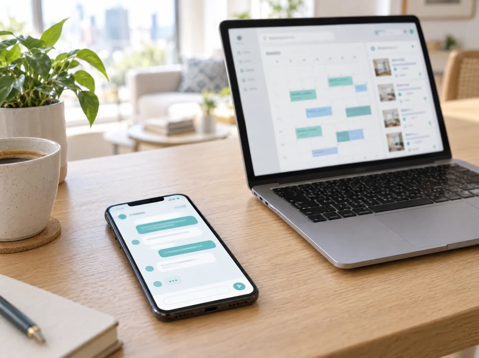 Telefon s chatem s hostem a notebook s kalendářem rezervací