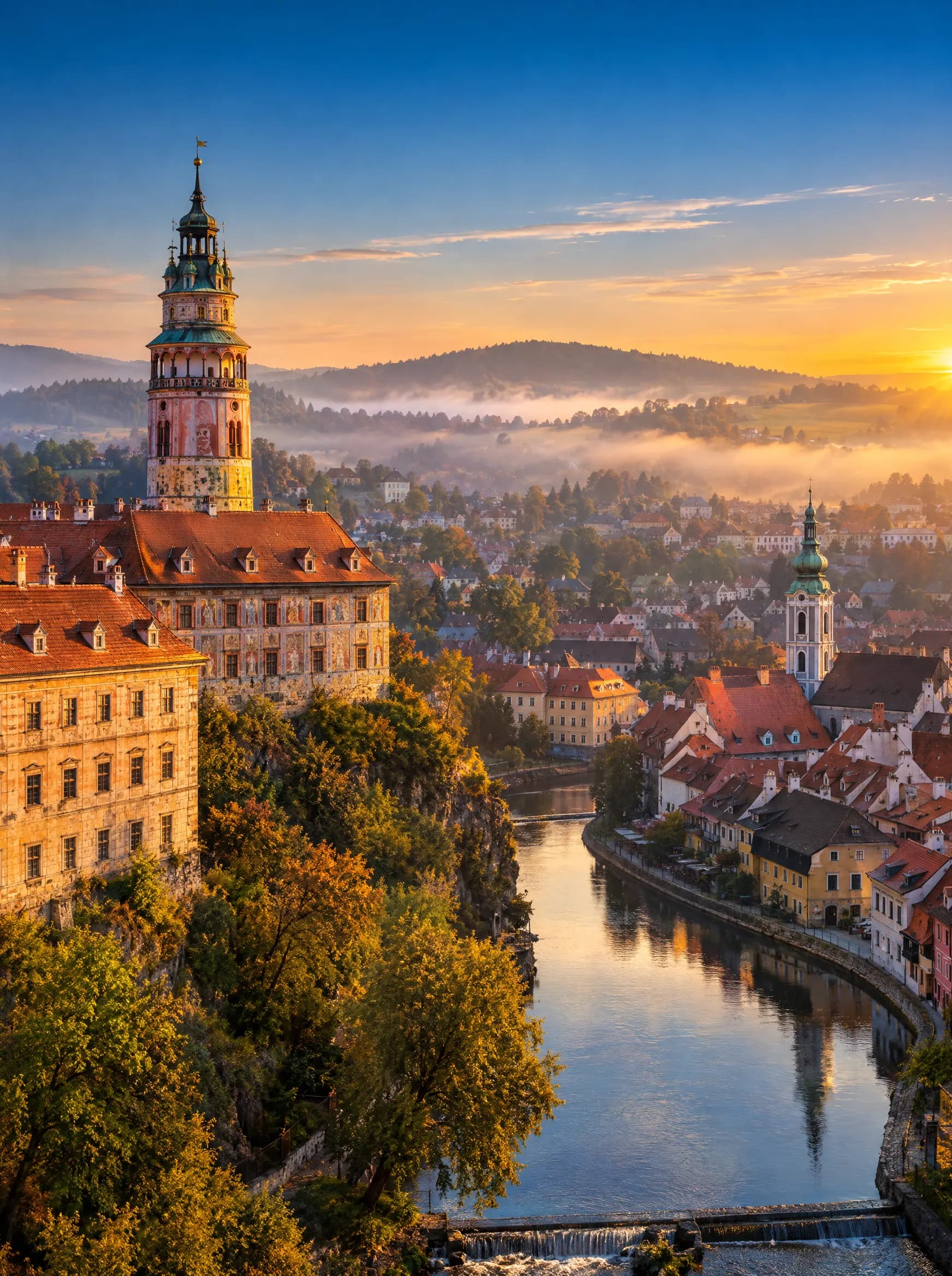 Český Krumlov se zámeckou věží a Vltavou při západu slunce
